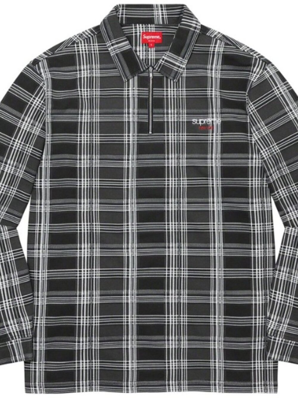 Supreme Plaid Zip Up Long Sleeve Polo Black White Size Large